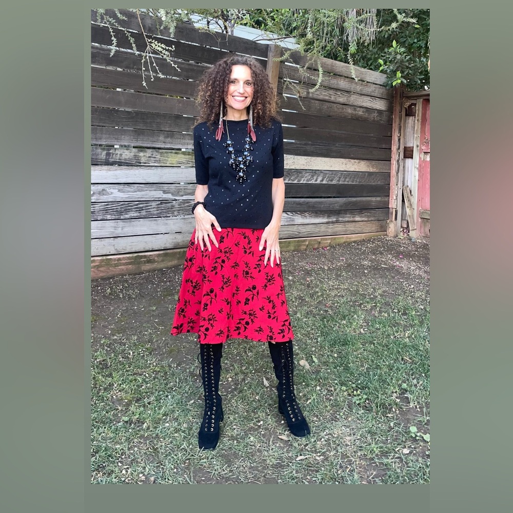 80s/90s Jonathan Martin Red and Black Pleated A-Line Midi Skirt